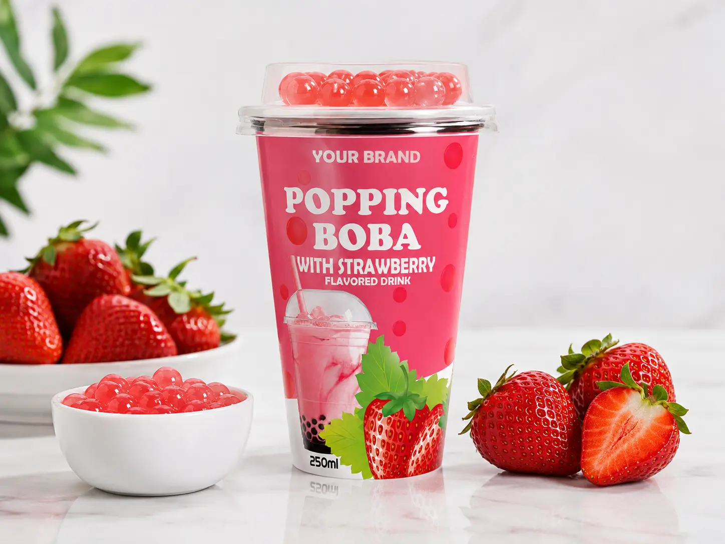 BUBBLE TEA strawberry popping boba flavored drink in a 250ml cup.